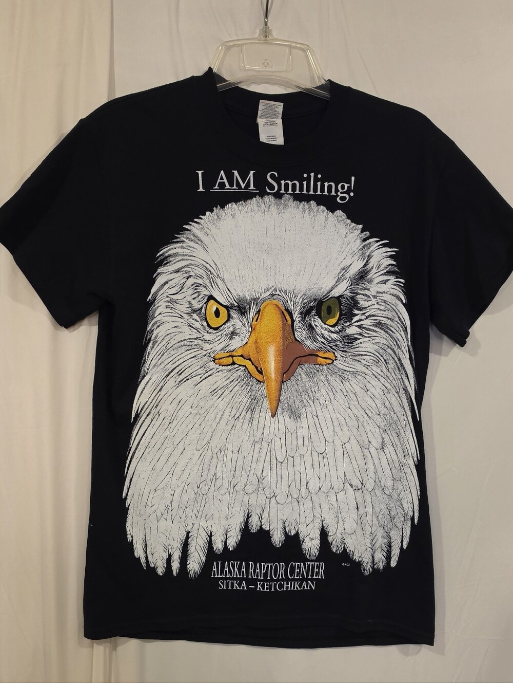 VTG Y2K Alaska Raptor Center Bald Eagle T Shirt I Am Smiling Funny Black Small